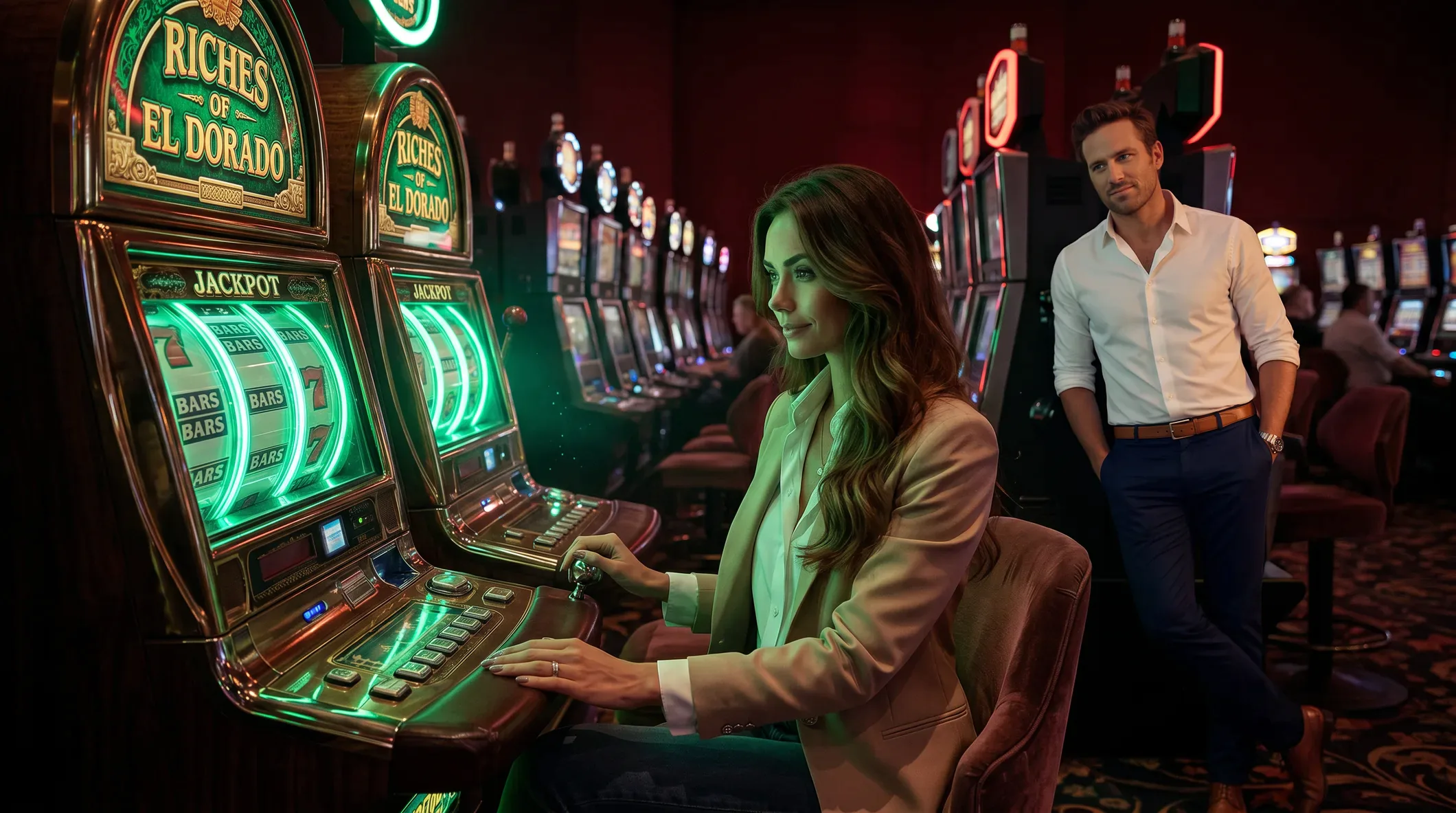 Players at a row of 22Bet jackpot slot machines