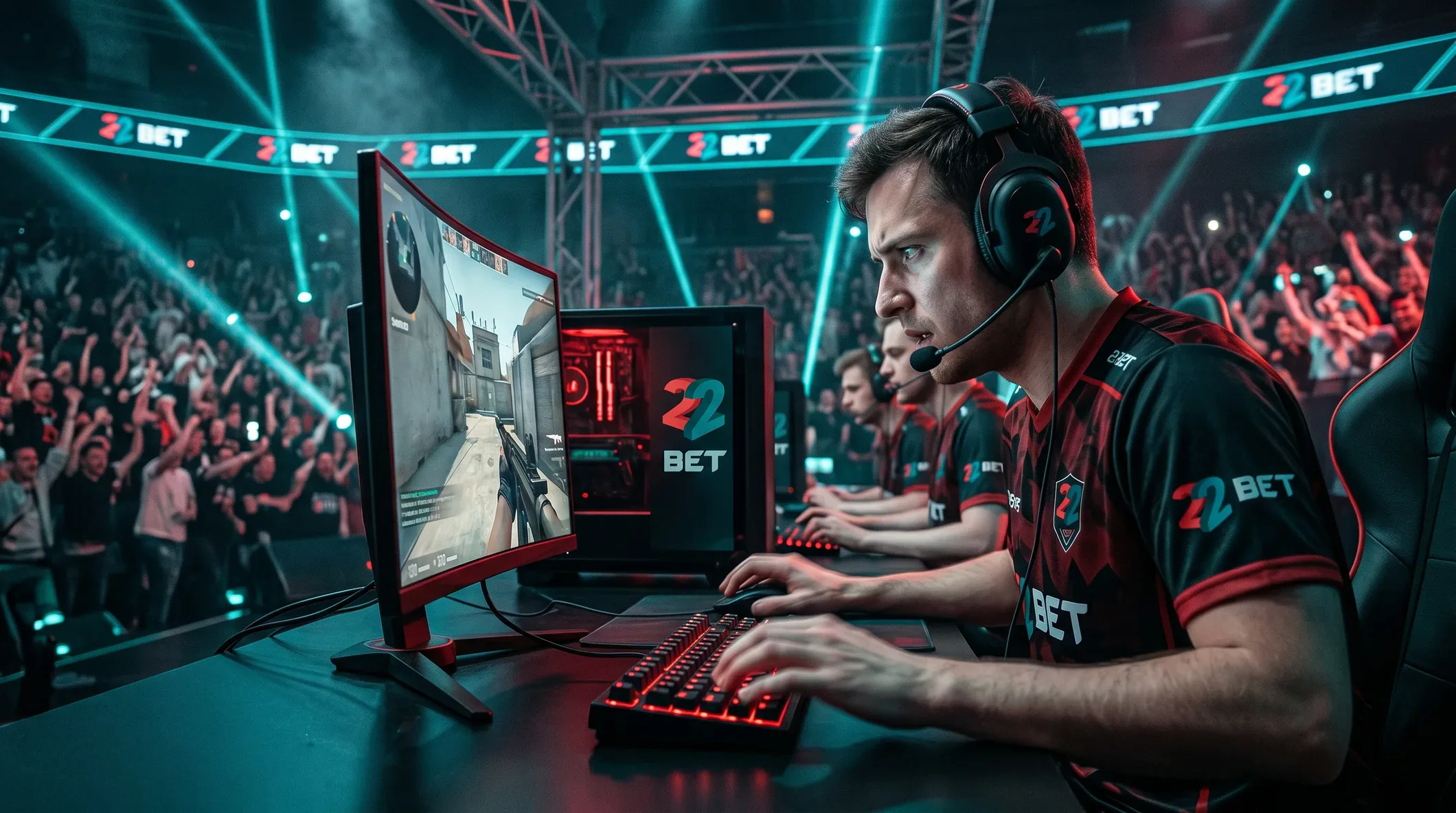 An esports fan watching a 22Bet-branded tournament stage