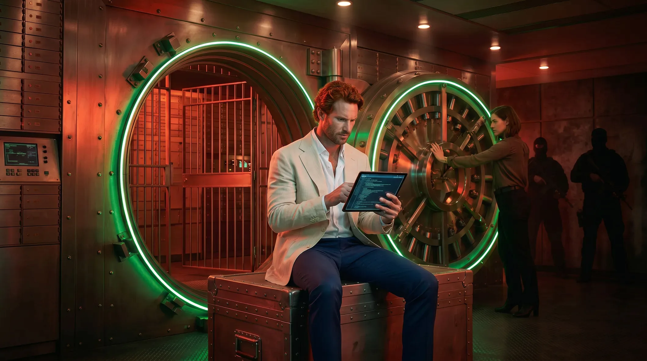 A 22Bet host reviewing the platform on a tablet by the vault