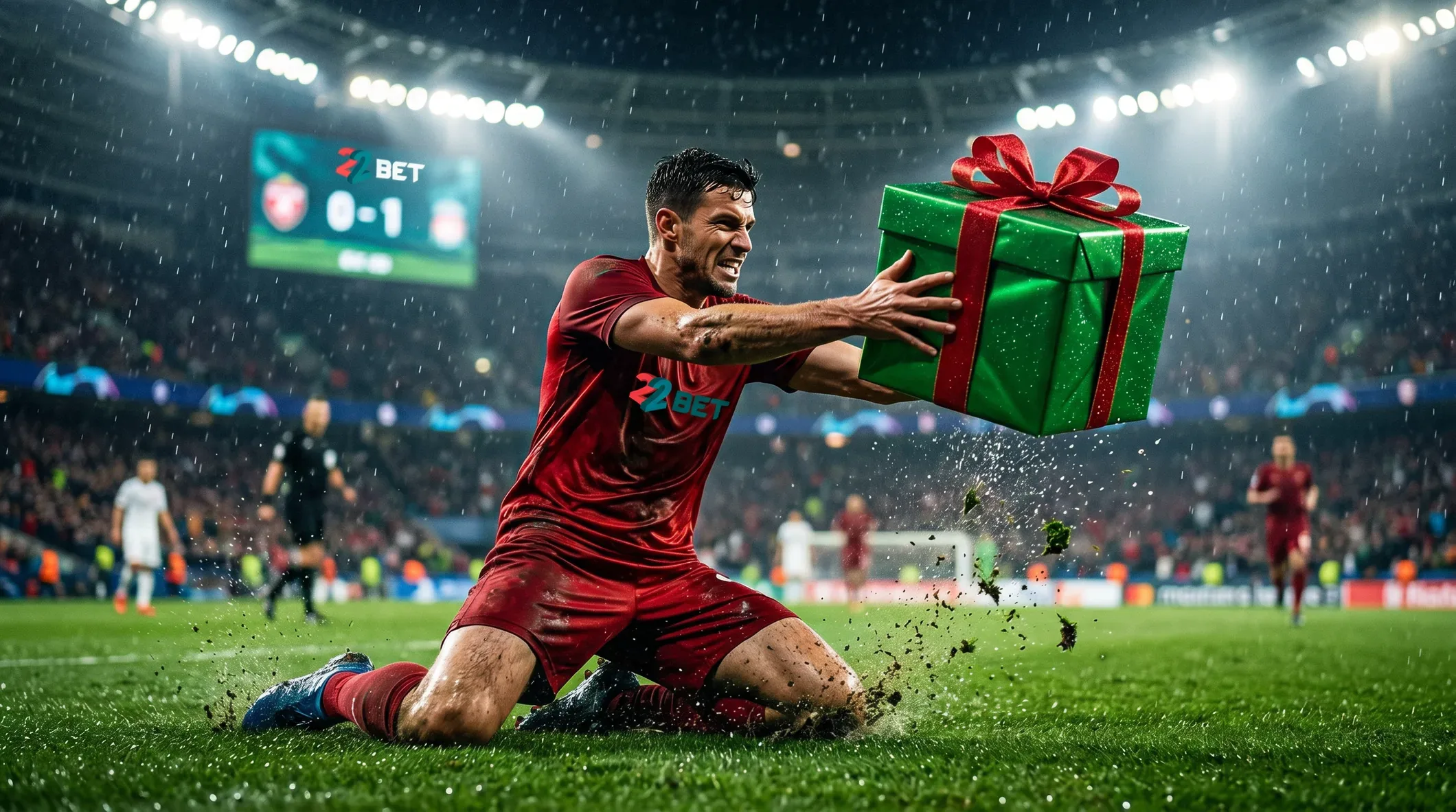 A 22Bet player receiving a gift on the pitch