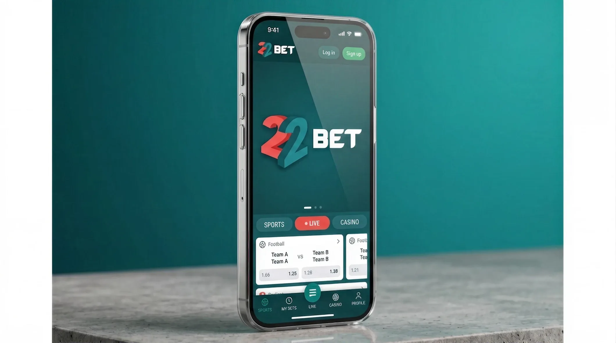 The 22Bet app open on a phone