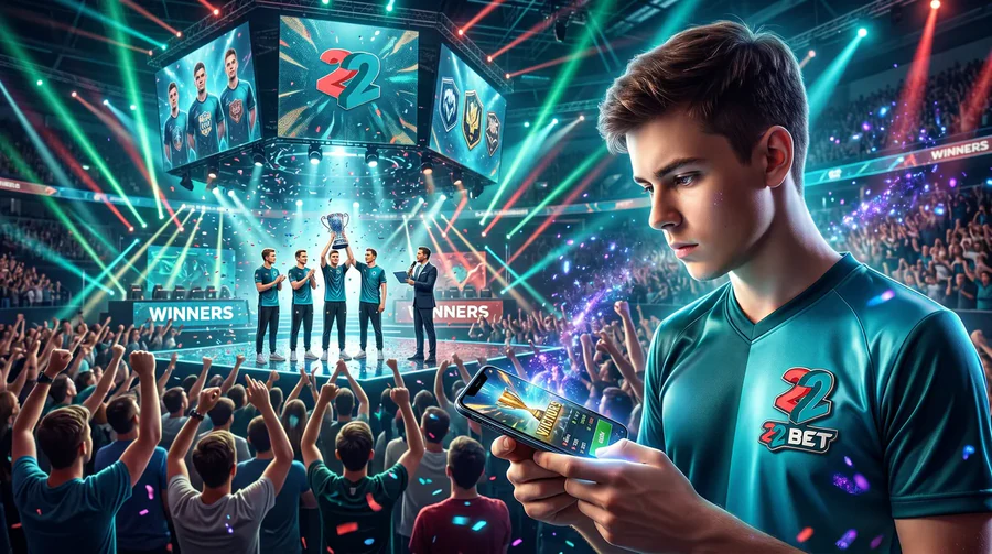 An esports fan placing a bet on his phone at a 22Bet tournament