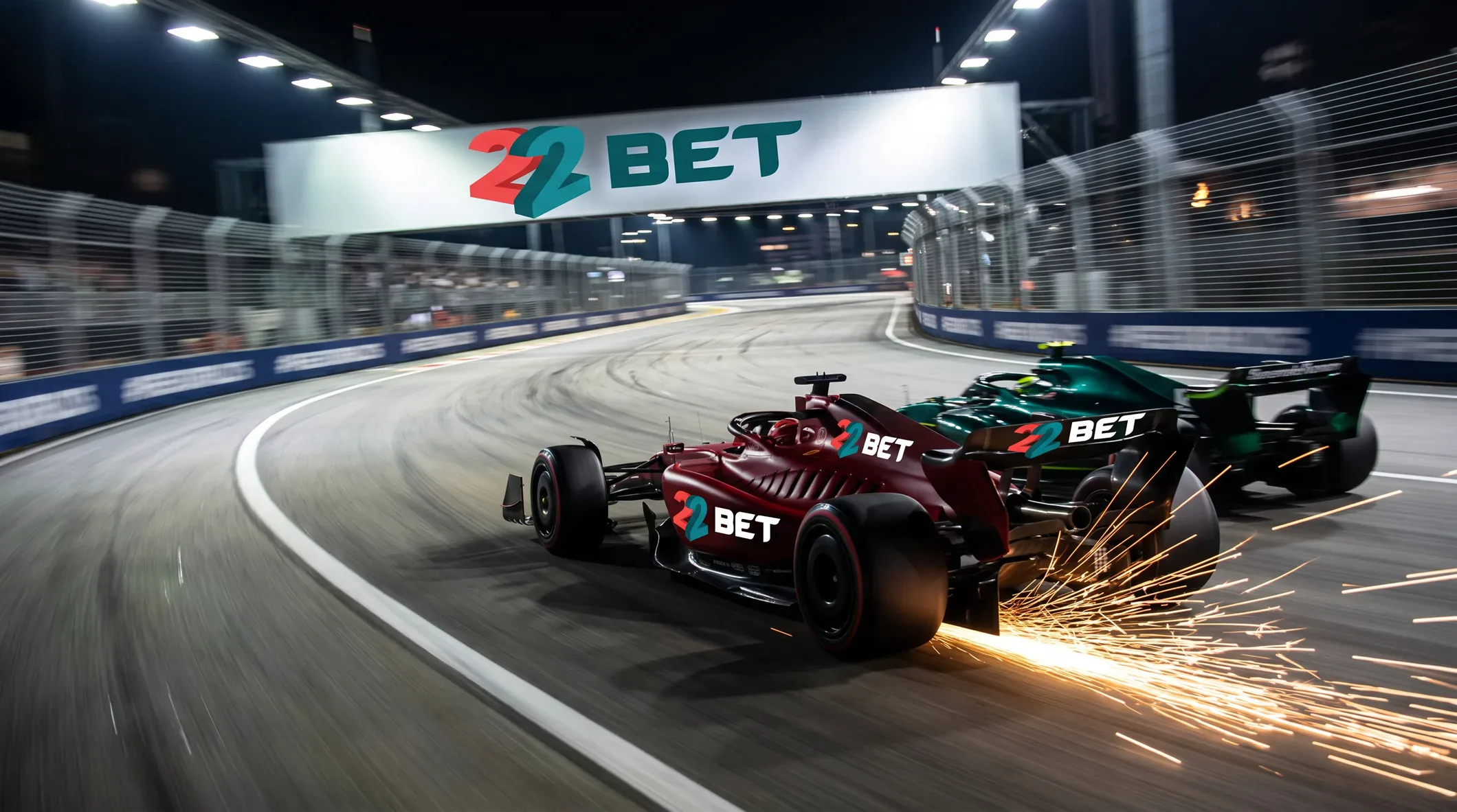 22Bet-branded cars on a floodlit night circuit