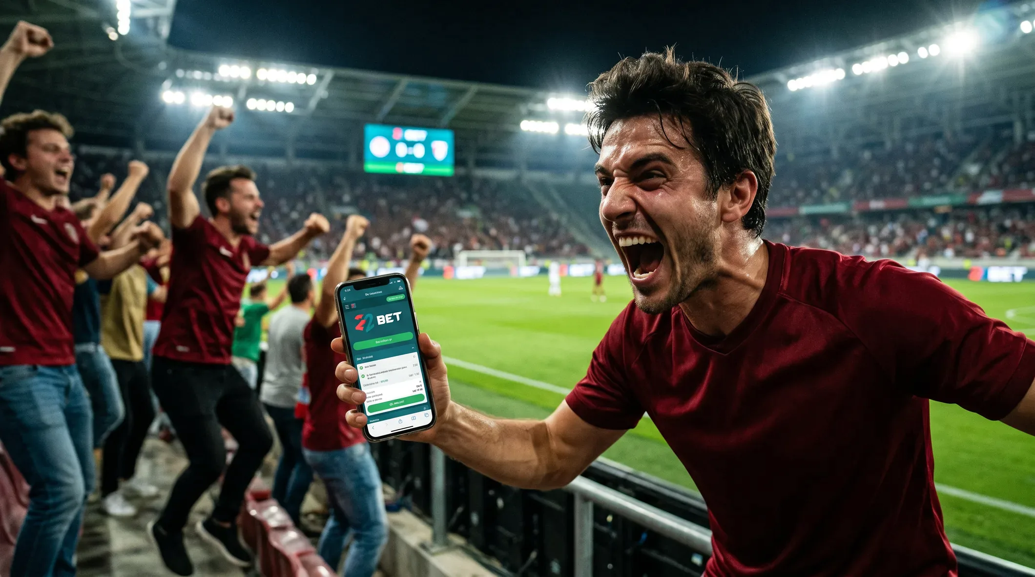 A 22Bet fan placing a bet on a phone at a floodlit match