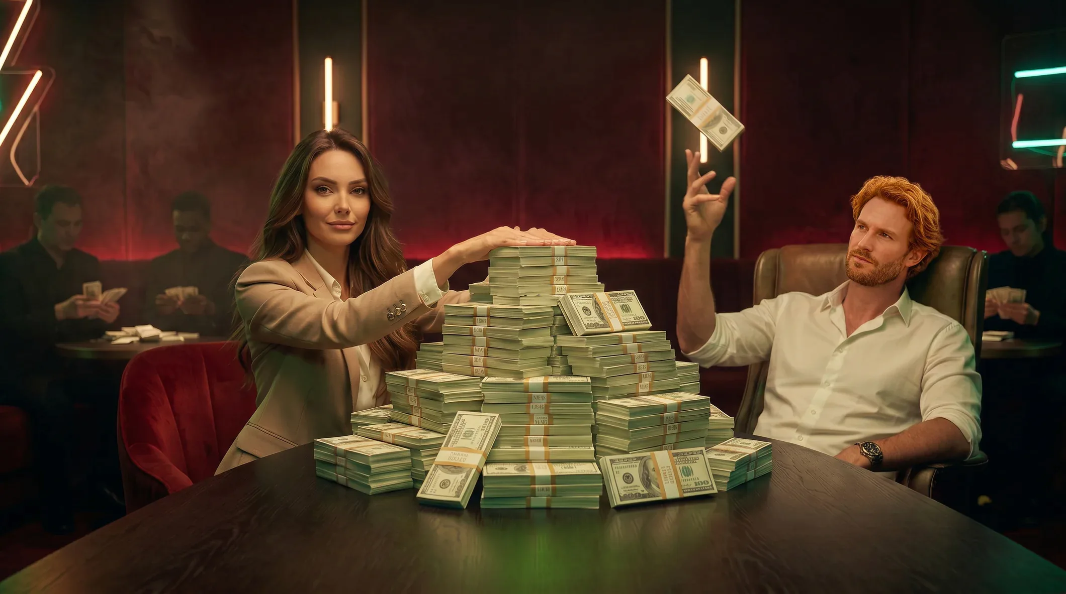 A 22Bet high-roller room with stacks of cash on the table