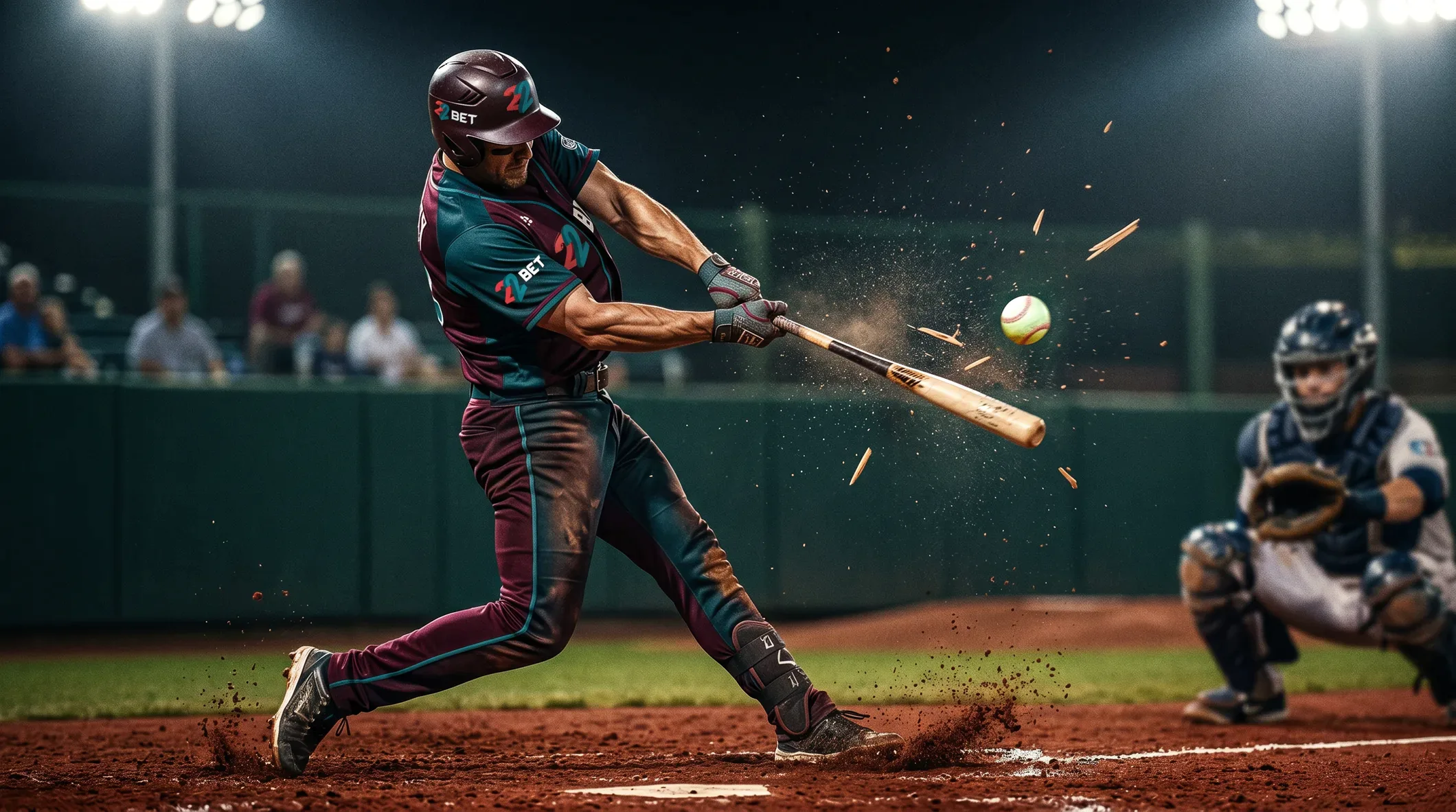 A 22Bet batter connecting under floodlights