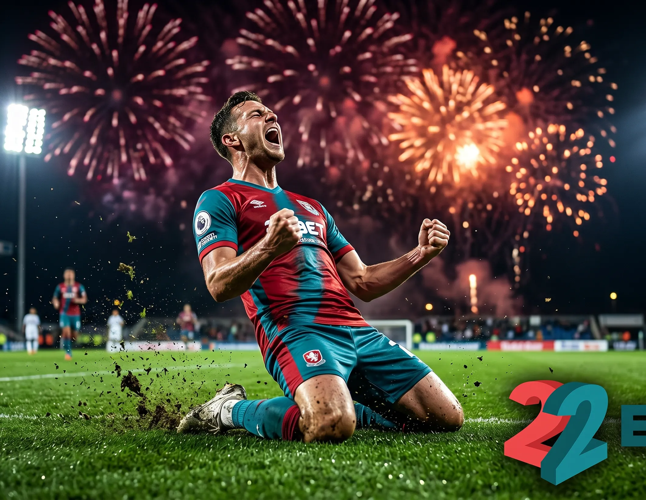A 22Bet fan roaring in celebration as fireworks light up the stadium