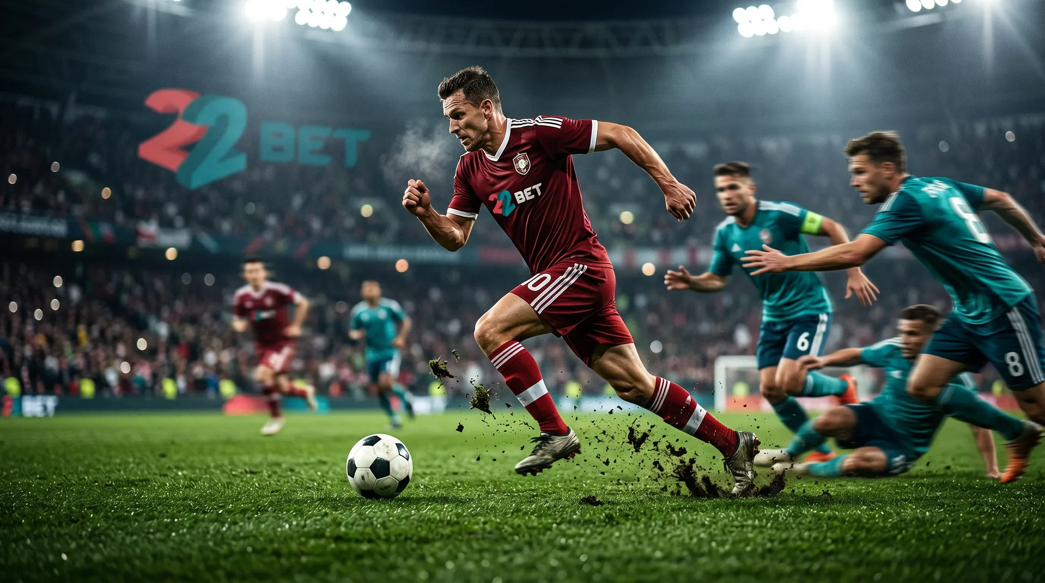 A 22Bet footballer breaking away under floodlights