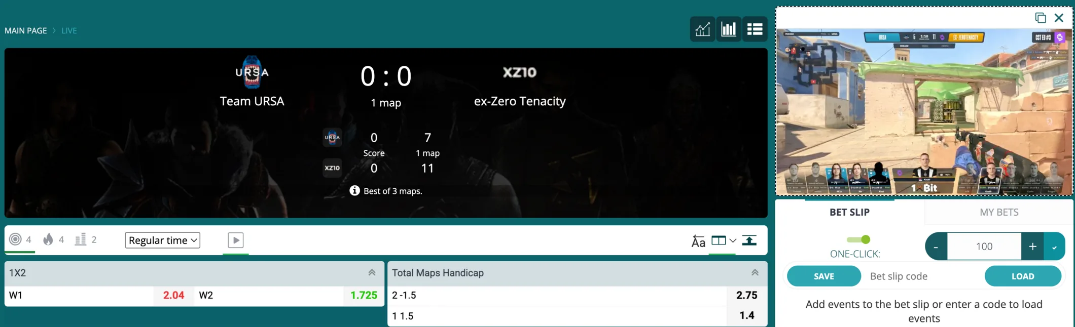 A 22Bet in-play panel with the match streaming beside the odds