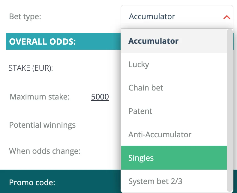 The 22Bet betslip switching between single, accumulator and system