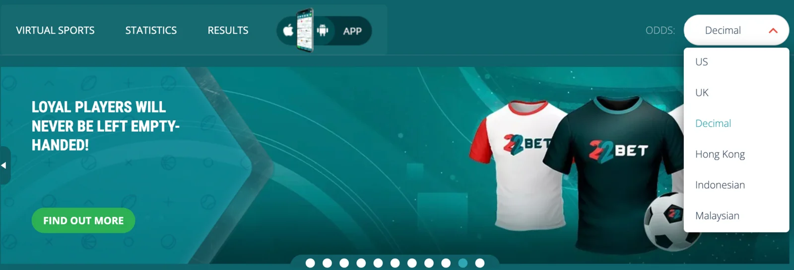 Choosing the odds format in the 22Bet header