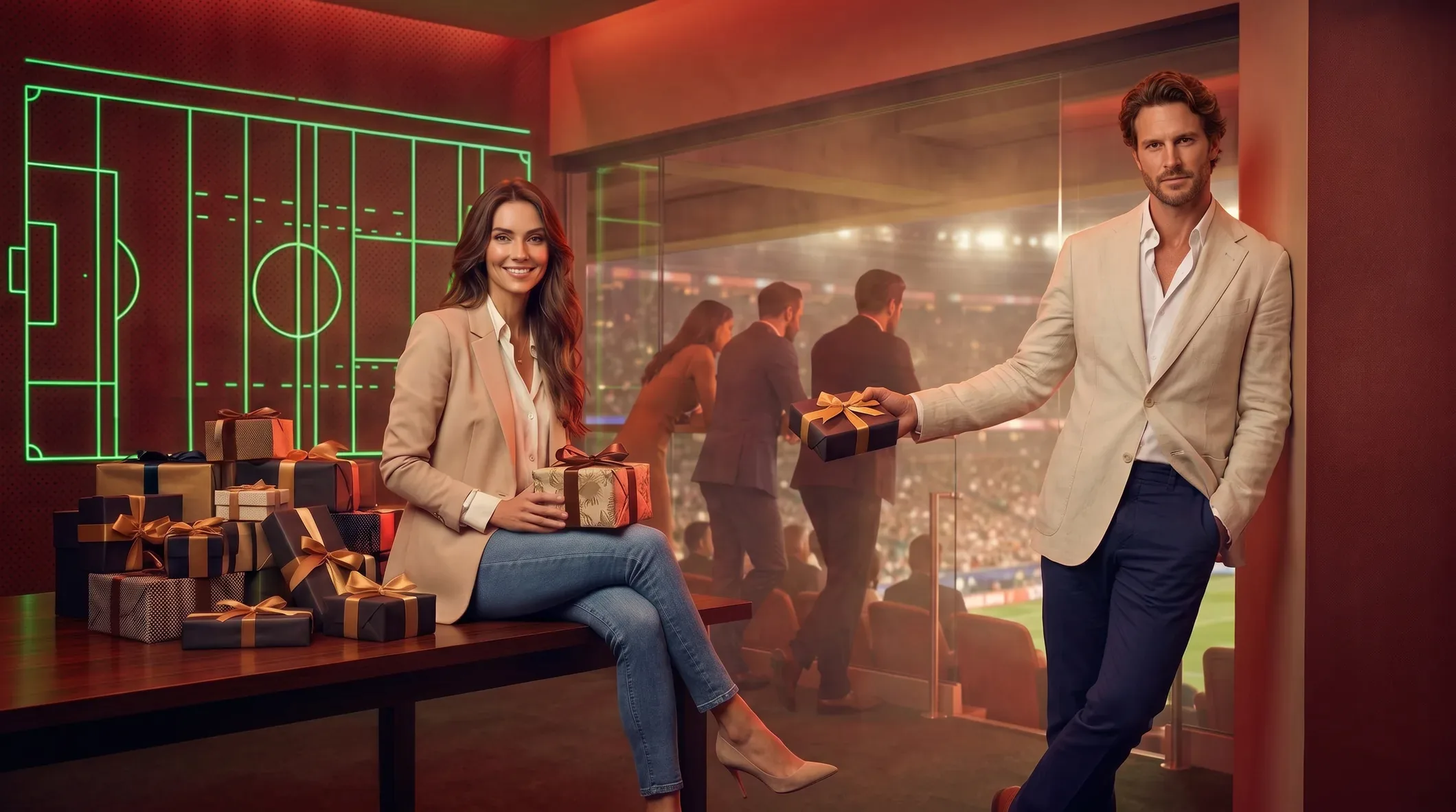 22Bet VIP hosts presenting gifts in a stadium lounge