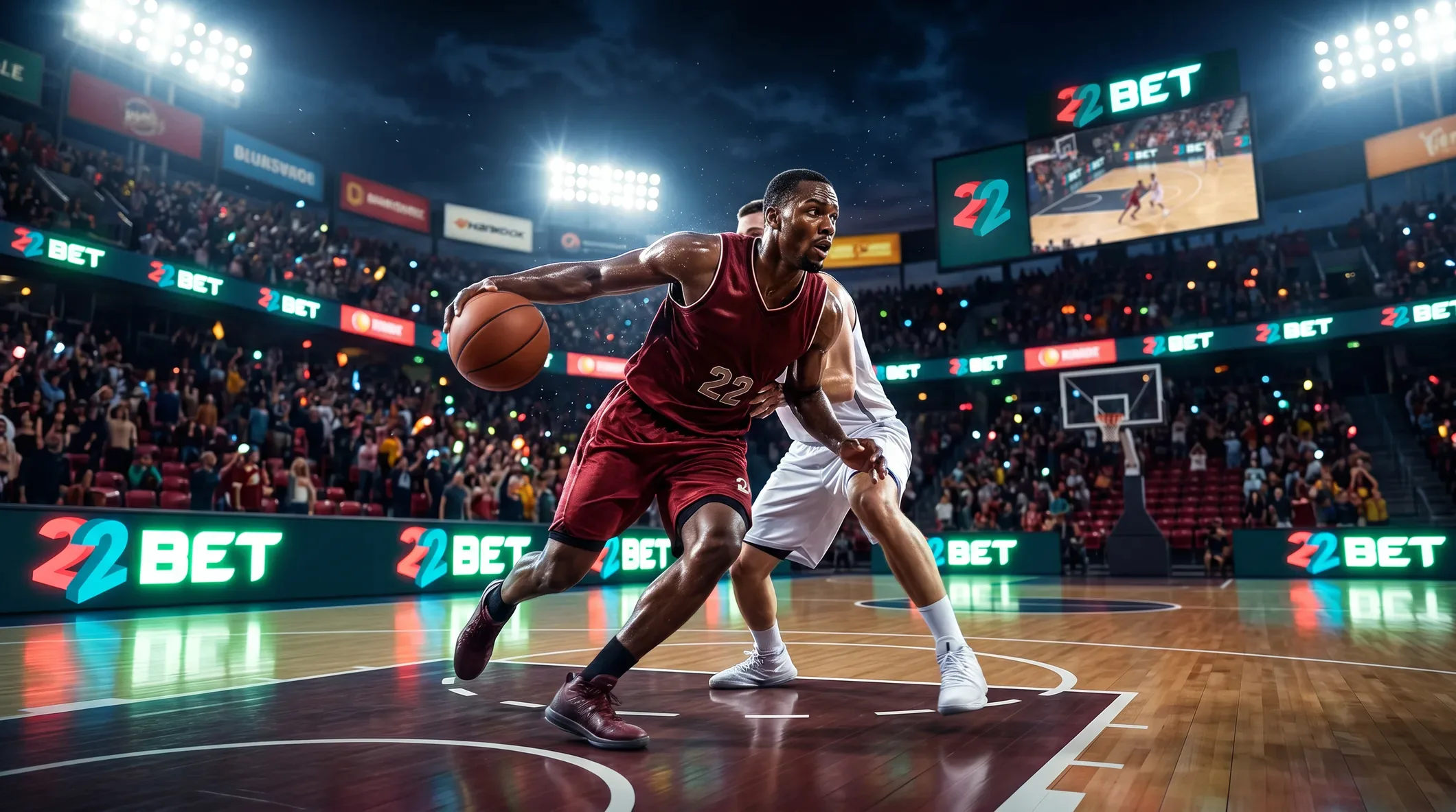 A 22Bet basketball player driving to the basket