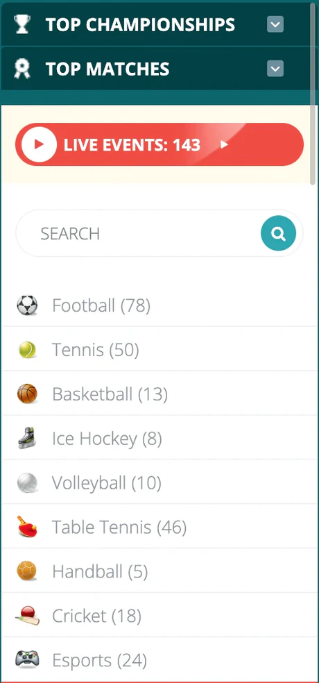 The 22Bet sportsbook on a phone screen