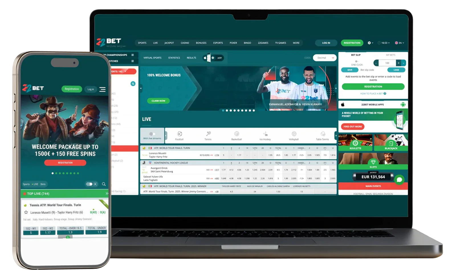 The 22Bet mobile site open on a laptop and a phone