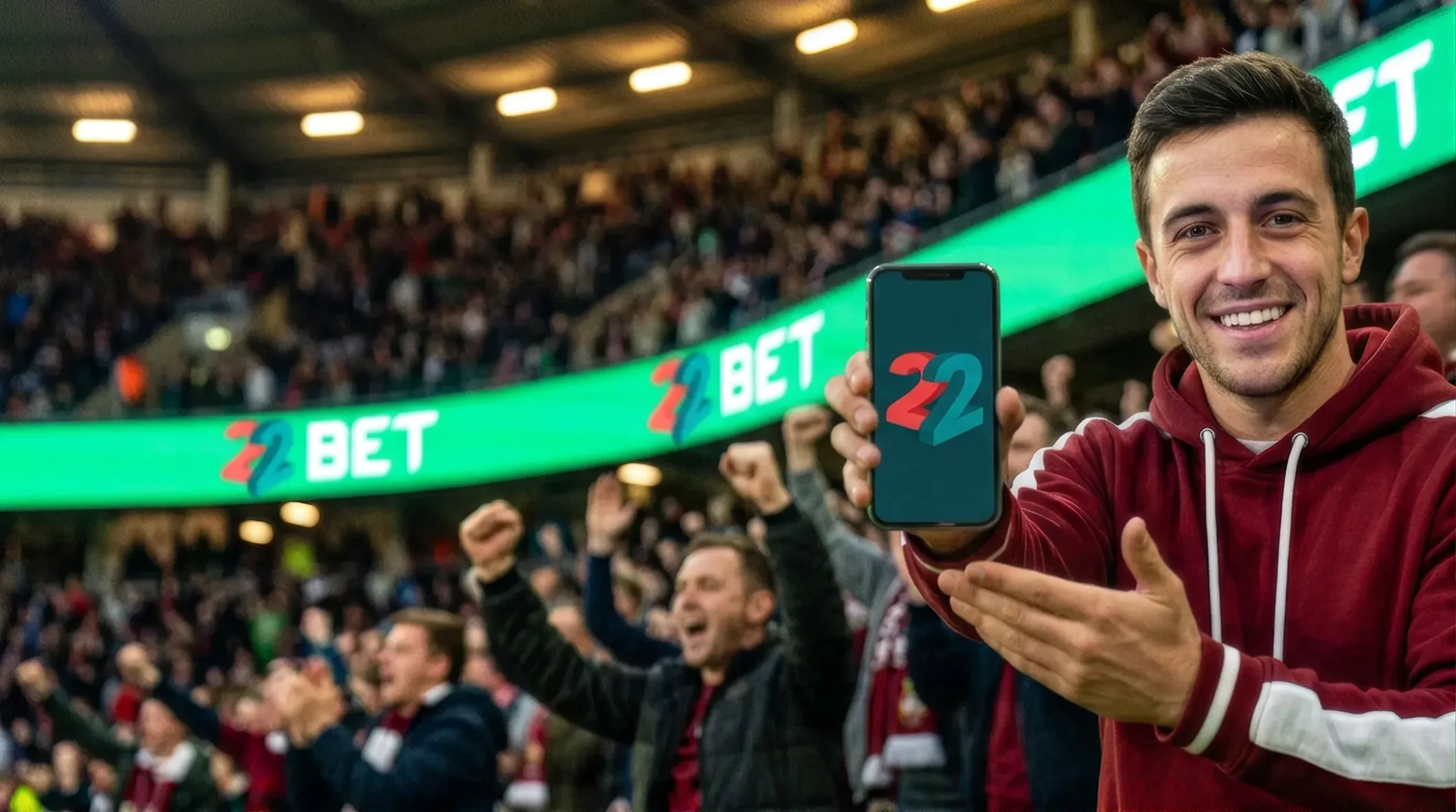 A 22Bet fan holding up a phone in the stands