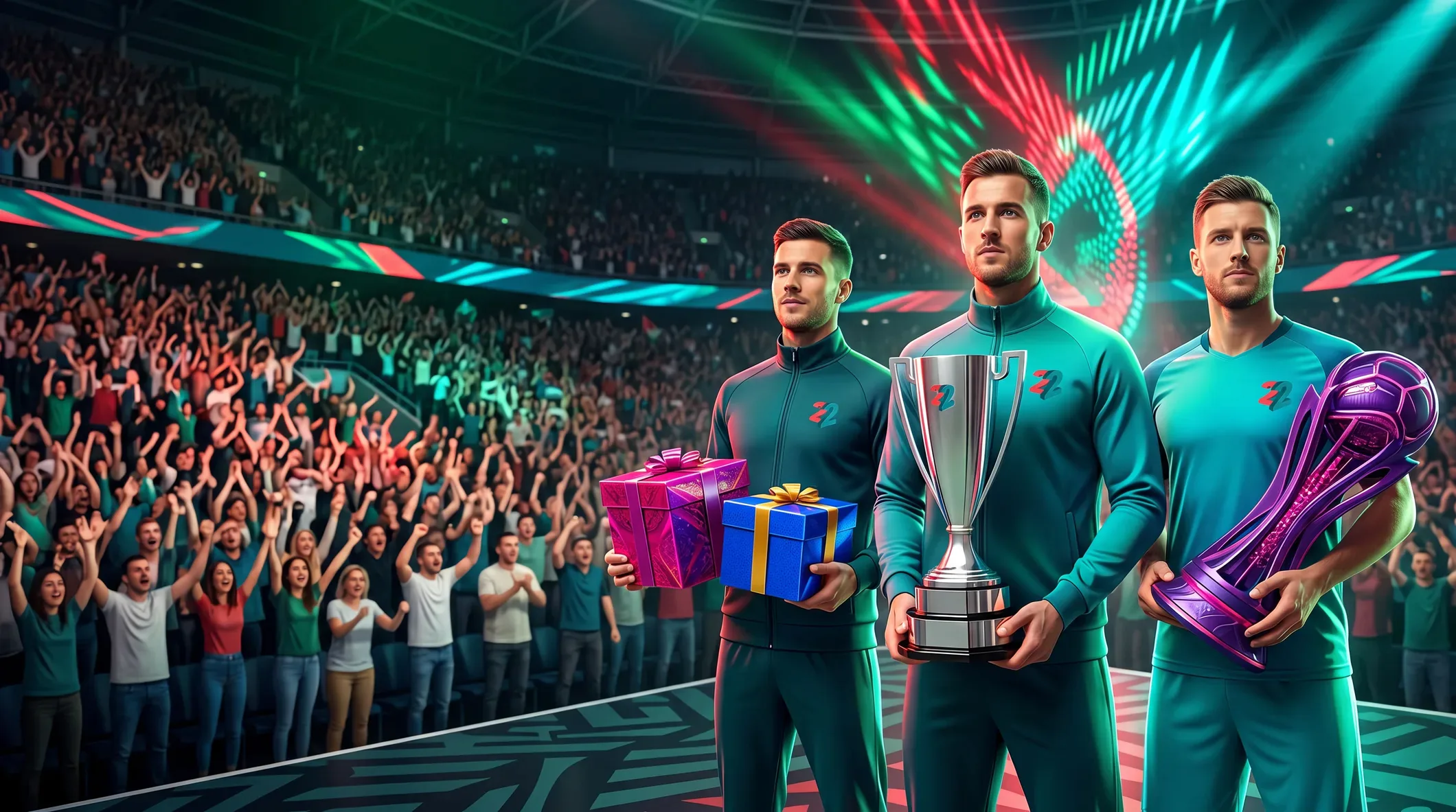 22Bet players lifting a trophy at a floodlit stadium