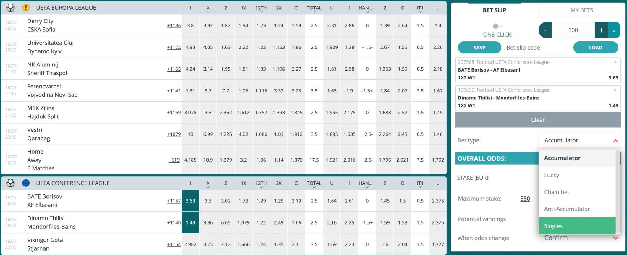 The 22Bet betslip filling as prices are tapped